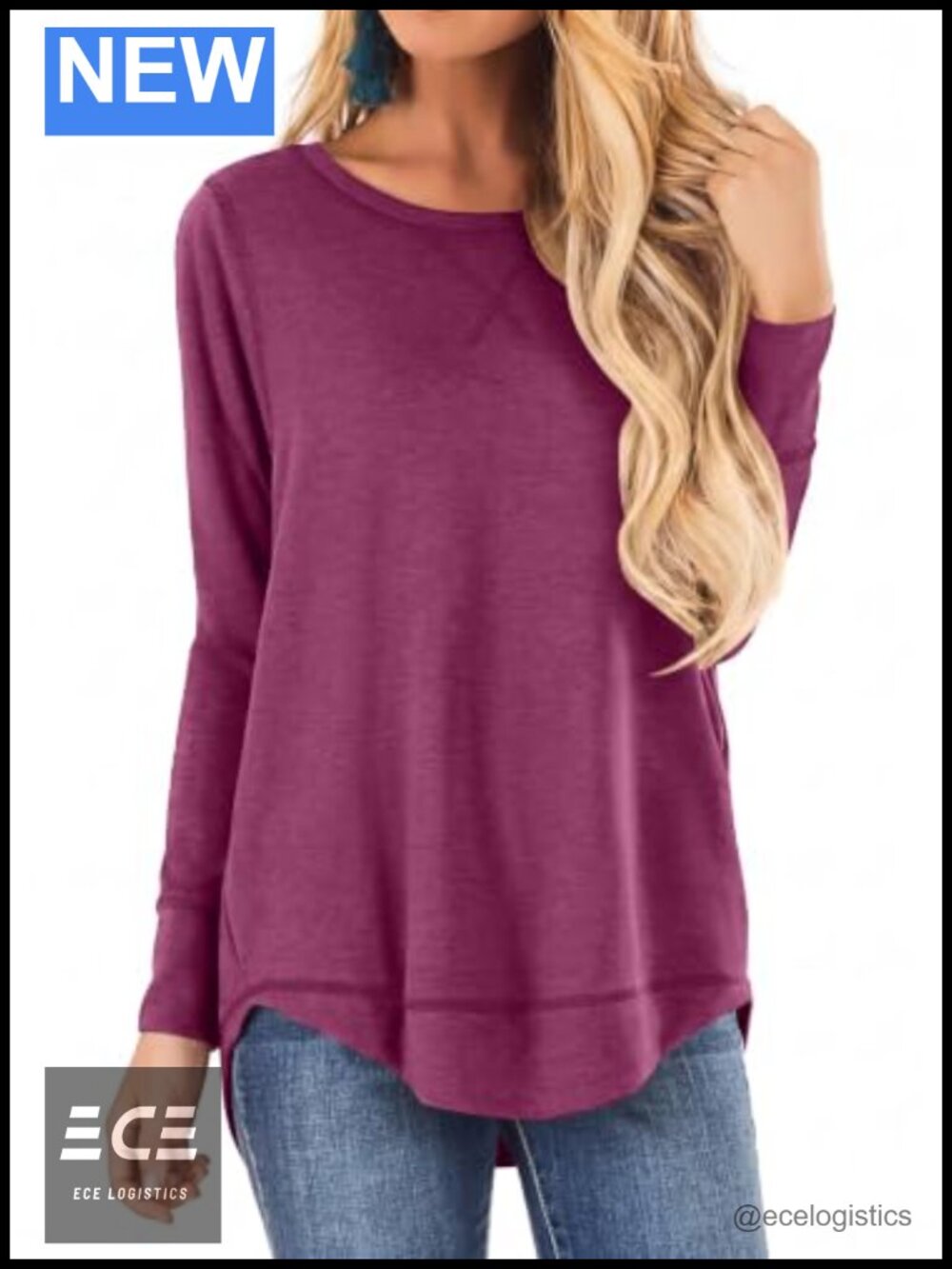 Women's Long Sleeve Tunic Top Side Split Curved Hem Dressy Casual